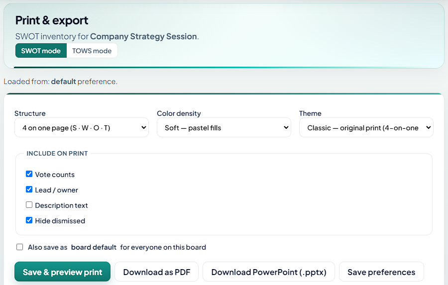 Print and export settings with PDF and PowerPoint download options