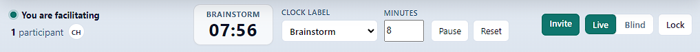 Facilitator bar with brainstorm timer, Live or Blind mode, Invite, and Lock